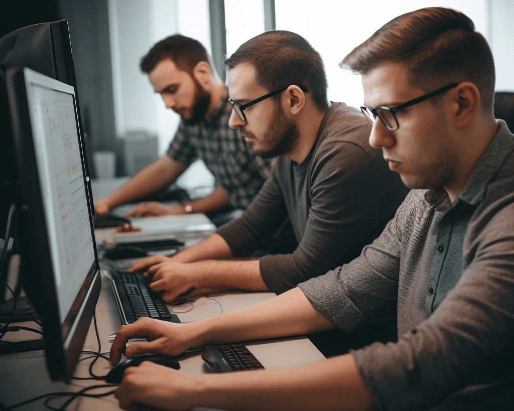 Three working men who has choosen software development profession